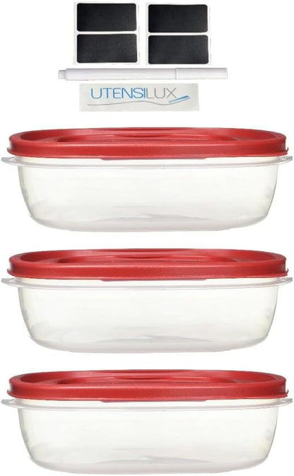 Rubber maid Food Storage Containers Nine Cup Food Storage Containers 7 Peice Set, Easy Find Lids, 3 Containers, 3 Lids Chalk Pen And Chalk Labels