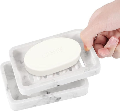 Luxspire Soap Dish Tray, Double Layer Draining Sponge Holder, Detachable Container Box for Bathroom Shower, Kitchen Sink Dish - White Marble