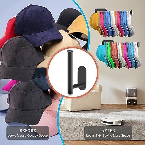 Eiito Baseball Hat Hangers, Hat Organizer for Wall, Hat Holder for Baseball Hats, Hat Storage Stick Scrunchies Holder Organizer, Hat Rack for Wall (Black 2Pack)