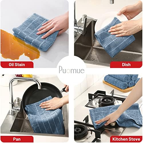 Puomue Microfiber Kitchen Towels and Dishcloths Set, 26 x 18 Inch and 12 x 12 Inch, Set of 12 Bulk Lint Free Dish Towels for Drying Dishes, Blue - Image 3