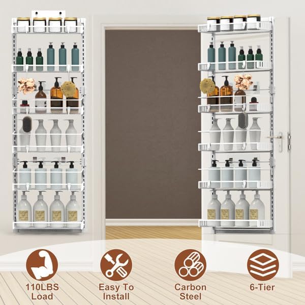 6-Tier Over the Door Organizer, Heavy Duty Metal Pantry Door Rack, Hanging Storage Shelf for Kitchen, Over The Door Spice Rack & Pantry Organizer, 6-Shelf Metal Hanging Storage (White)