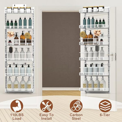 6-Tier Over the Door Organizer, Heavy Duty Metal Pantry Door Rack, Hanging Storage Shelf for Kitchen, Over The Door Spice Rack & Pantry Organizer, 6-Shelf Metal Hanging Storage (White)