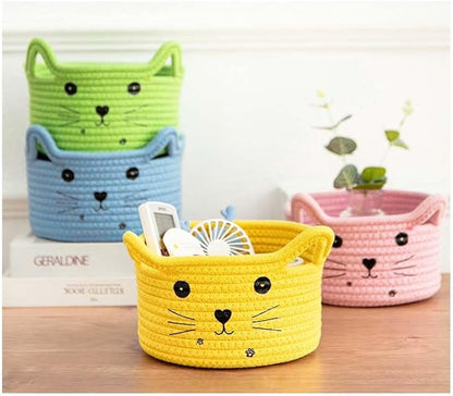 Woven Basket Cartoon Cotton Rope Gifts Basket with Handle Empty Baby Wicker Storage Basket Nursery Box Bin Kids Organizer Cat Dog Toy Basket Easter Basket,Yellow