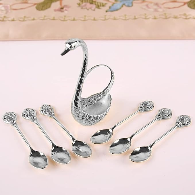 Coffee Spoon Set With Holder, Swan Spoon & Fork Holder, Elegant and Charming Decorative Spoons Organizer Serving Kit, Durable Spoons Coffee Station Storage Organizer(COLOR:Silver)