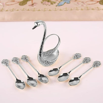 Coffee Spoon Set With Holder, Swan Spoon & Fork Holder, Elegant and Charming Decorative Spoons Organizer Serving Kit, Durable Spoons Coffee Station Storage Organizer(COLOR:Silver)