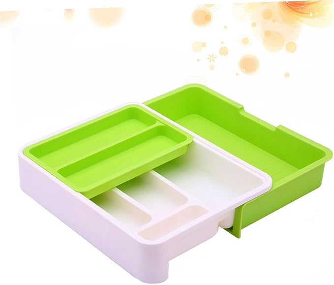 Telescopic Cutlery Storage Tray Kitchen Organizer Multi-divided Design for Versatile Storage Container for White Green