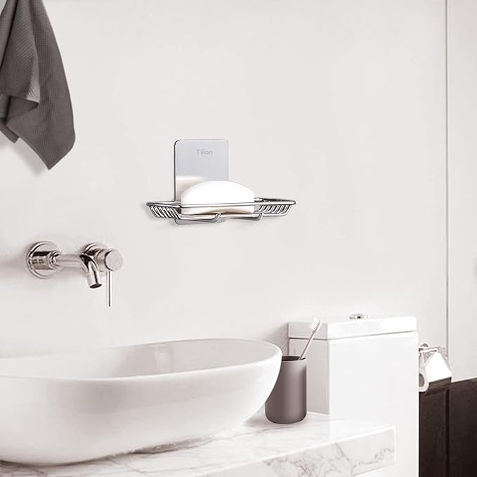 Self Adhesive Bar Soap Dish for Shower, Bathroom Soap Holder Wall Mount – Stainless Steel, Silver