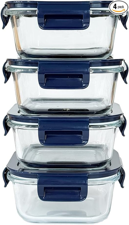 2 Cup Square Glass Food Containers set, Small Square Food Storage Containers With Airtight Lids, BPA free 16oz small Glass Meal Prep Bowls, Dishwasher, Microwave, Freezer Safe (Dark Blue)