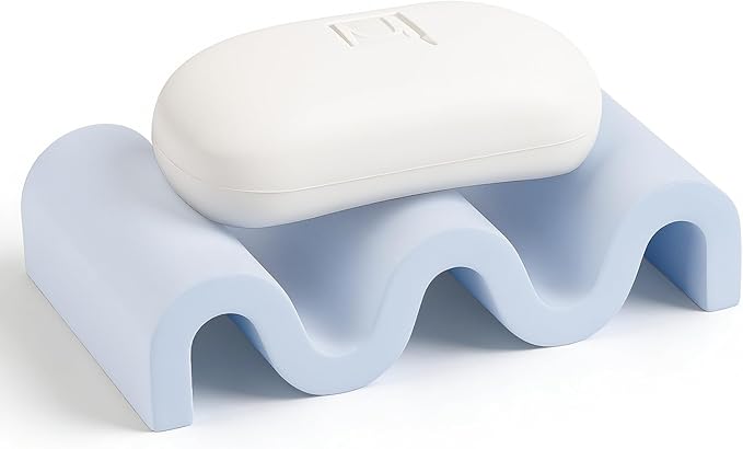 Diatomite Soap Dish Quick Drying Bar Soap Holder Draining Soap Saver Rack Wave Pattern Sponge Tray for Bathroom Sink, Shower, Kitchen, Blue