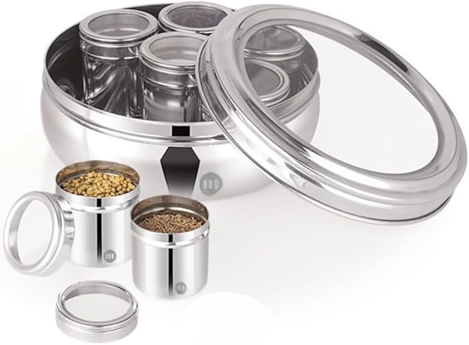MARU 7 In 1 Stainless Steel Belly Shape Masala Box, Masala Dabba For Kitchen, Spice Box, Masala Dani With See Through Lid 7 Containers And 3 Spoons (Size 11, 18.5Cm) Silver