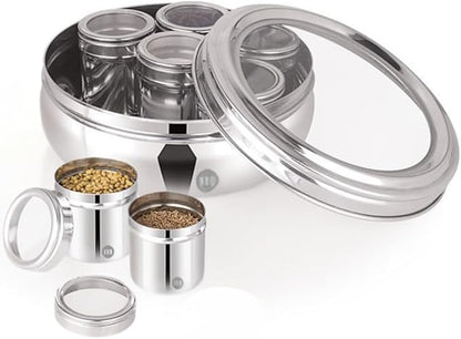 MARU 7 In 1 Stainless Steel Belly Shape Masala Box, Masala Dabba For Kitchen, Spice Box, Masala Dani With See Through Lid 7 Containers And 3 Spoons (Size 11, 18.5Cm) Silver