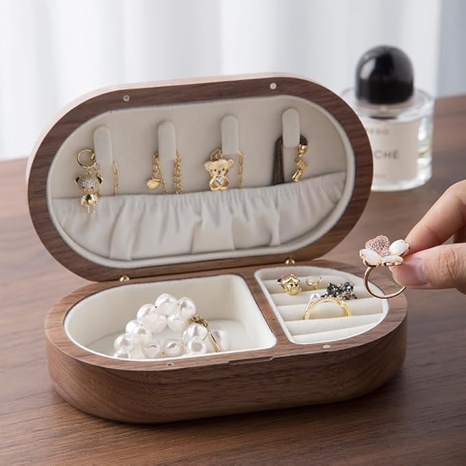Solid Walnut Wood Jewelry Box for Women & Men - Vintage Travel Organizer with Portable Mini Case, Earring Storage, chinoiserie Handcrafted Gift (Walnut, Round)