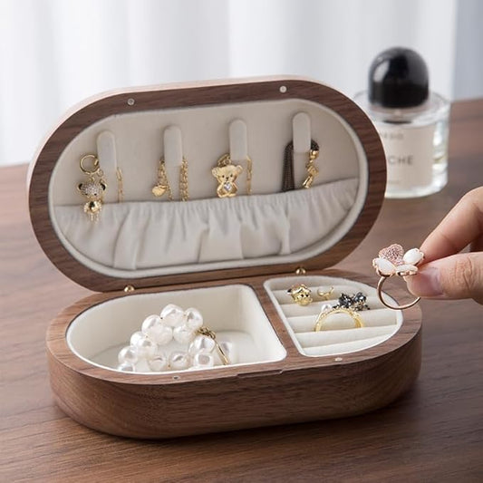 Solid Walnut Wood Jewelry Box for Women & Men - Vintage Travel Organizer with Portable Mini Case, Earring Storage, chinoiserie Handcrafted Gift (Walnut, Round)