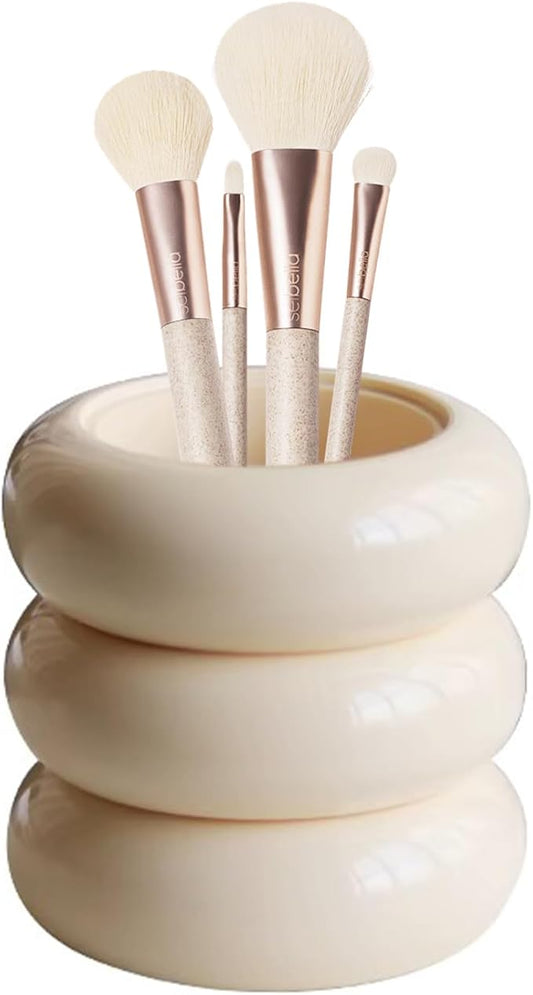 Tissting Qtip Holder Dispenser 7.8 x 10.5 cm White Resin Doughnut Shape Cotton Swab Storage Container with Lid, Qtip Dispenser Jars for Bathroom Vanity