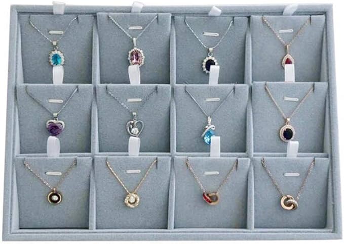 Premium Quality Grey Velvet Stackable Organizer Tray Pendant Necklace Jewelry Storage Store Home Drawer Closet Inserts Dividers with Removable Tabs