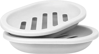 Soap Dish with Water Drainage Design for Drying and Saving Soap, Bathroom Kitchen Sponges Holder (White - Oval) 2 Pack