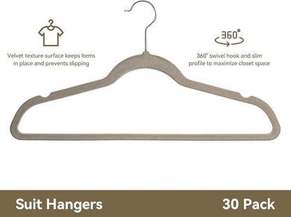 Premium Velvet Hangers 30 Pack, Non-Slip Suit Clothes Hangers, 360 Degree Swivel Hooks and Slim Profile to Maximize Closet Space Grey/Silver