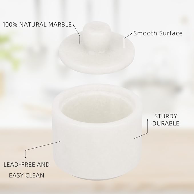 Marble Salt Cellar with Lid, Stone Salt or Pepper Bowl Box Container Jar Holder Well Keeper Dish Pig Crock (Solid White)