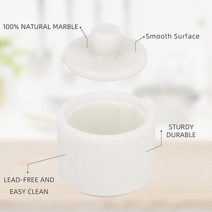 Marble Salt Cellar with Lid, Stone Salt or Pepper Bowl Box Container Jar Holder Well Keeper Dish Pig Crock (Solid White)