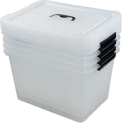 25 Quart Clear Latching Tote, Plastic Storage Bin with Black Handle, Pack of 4