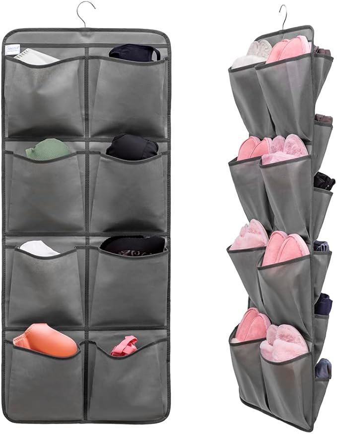 Dual Sided Hanging Closet Organizer Shoe Rack Holder with 26 Large Pockets (GREY)