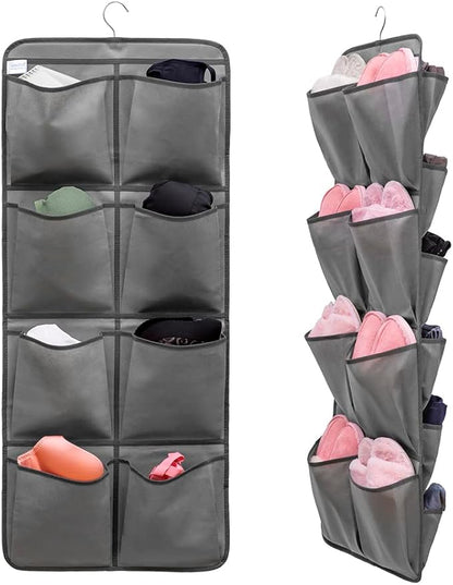 Dual Sided Hanging Closet Organizer Shoe Rack Holder with 26 Large Pockets (GREY)