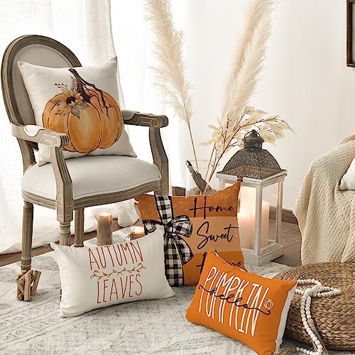 AVOIN colorlife Fall Pumpkin Home Sweet Home Throw Pillow Covers, 16 x 16 Inch Autumn Thankful Grateful Blessed Harvest Floral Orange Decorations for Sofa Couch Set of 4 - Image 5