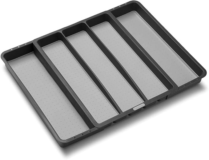 madesmart Expandable Utensil Tray, 8 Compartment Organizer for Forks, Knives & Spoons, Deep Storage for Ladles, Whisks & Serving Tools Non Slip, Soft Grip Base, Expands to Fit Most Drawers, Carbon