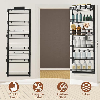 6-Tier Over the Door Organizer, Heavy Duty Metal Pantry Door Rack, Hanging Storage Shelf for Kitchen, Over The Door Spice Rack & Pantry Organizer, 6-Shelf Metal Hanging Storage (Black)