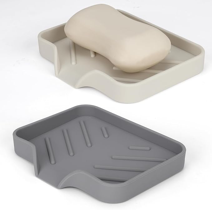 Silicone Soap Dish for Shower with Self Draining, 2 Pack Soap Holder for Bathroom, Silicone Sponge Holder for Kitchen Sink, Soap Tray for Dispenser, Scrubber, Bottle, 4.7"×3.9", Grey & Beige White