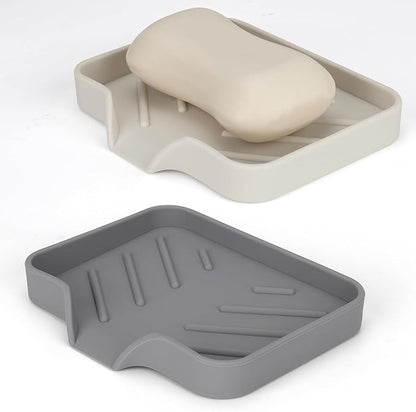 Silicone Soap Dish for Shower with Self Draining, 2 Pack Soap Holder for Bathroom, Silicone Sponge Holder for Kitchen Sink, Soap Tray for Dispenser, Scrubber, Bottle, 4.7"×3.9", Grey & Beige White