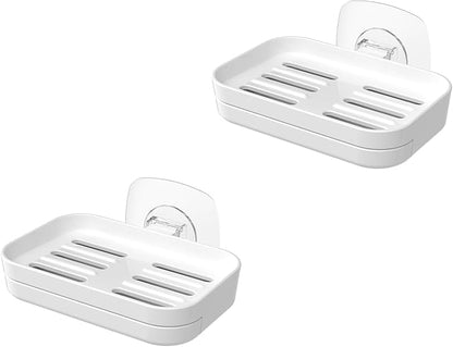 Soap Dish for Shower White Soap Holder Pull-Out Water Tray No Drilling Required Strong Fixation for Rv Bathroom and Kitchen Easy（2 Pack）