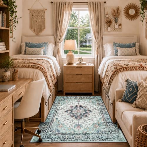 RELEANY Washable Area Rug, 3'x5', Teal Green/White/Navy - Image 2