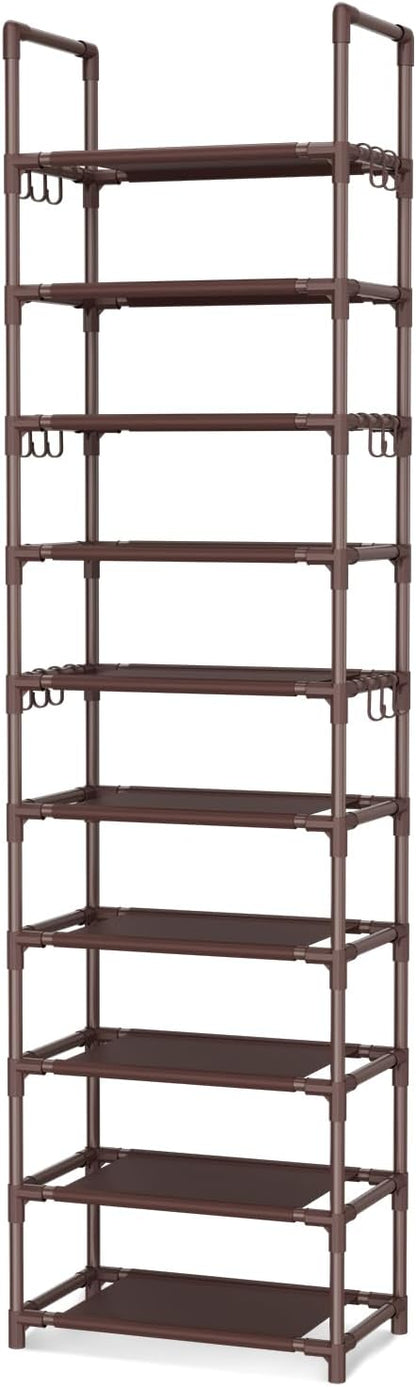 VTRIN 10 Tiers Tall Shoe Rack Holds 20-25 Pairs of Shoes Sturdy Vertical Shoe Organizer with 18pcs Hooks Stackable Narrow Shoe Rack for Closet, Entryway Brown