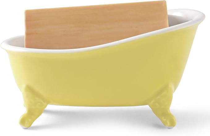 6.1" Vintage Ceramic Mini Decorative Clawfoot Bathtub Bar Soap Dish, Kitchen Sponge Holder and Shower Tray for Bathroom, 1 Pack (Yellow)