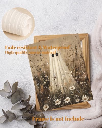 ZBJLLK Cute Ghost Wildflower Canvas Wall Art, Vintage Halloween Dark Academia Oil Painting Print, Spooky Cottagecore Botanical Artwork for Living Room Bedroom Bathroom Home Decor, 8x10 Inch Unframed - Image 3