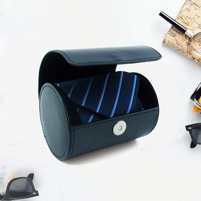 WAJJ Men's Necktie Travel Case, Tie Anti-Wrinkle Organizer Box - Formal Cylinder Shape (Blue)