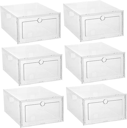 VICASKY 6Pcs Transparent Plastic Shoe Boxes with Front Drawer Design Stackable and Footwear Storage Containers for Home Dorm Bedroom and Shoe Store Organization