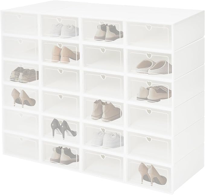 24Pcs Shoe Storage Box, Shoe Box Side Open, Clear Shoe Boxes Stackable, Plastic Stackable Shoe Storage Organizer, for Shoes, Including Sneakers, High Heels, Canvas Shoes, Boots, Etc (White)