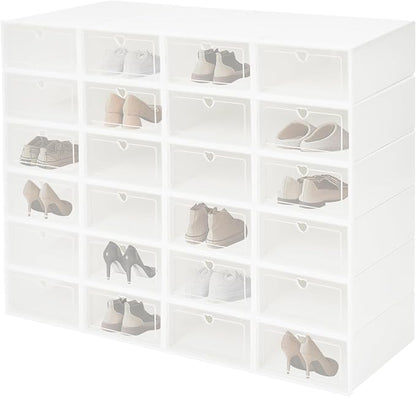 24Pcs Shoe Storage Box, Shoe Box Side Open, Clear Shoe Boxes Stackable, Plastic Stackable Shoe Storage Organizer, for Shoes, Including Sneakers, High Heels, Canvas Shoes, Boots, Etc (White)
