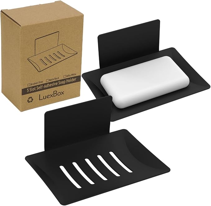 2 Pack Soap Holder for Shower Wall, 5 Slot Self-Adhesive Soap Dish for Shower, Wall Mounted Shower Soap Holder Dishes for Bathroom, Stainless Steel Soap Tray Black