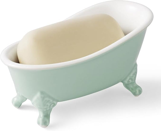 6.1" Vintage Ceramic Mini Decorative Clawfoot Bathtub Bar Soap Dish, Kitchen Sponge Holder and Shower Tray for Bathroom, 1 Pack (Bright Teal)