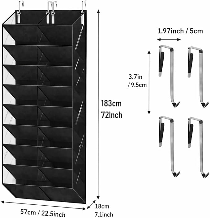 10 Tier Over the Door Shoe Organizer, Hanging Shoe Rack for Closet Door, Holds 20-30 Pairs, Large Pocket Storage for Sneakers Heels Boots, Black