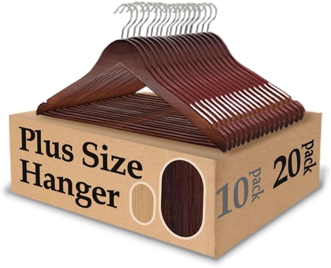 King Mills 19 Inch Plus Size Hangers, Extra Wide Hangers for Plus Size Clothes, Ganchos para Colgar Ropa, Ideal for XL, XXL Shirts, Coats, Dresses, Etc. Wood. Walnut 20pk