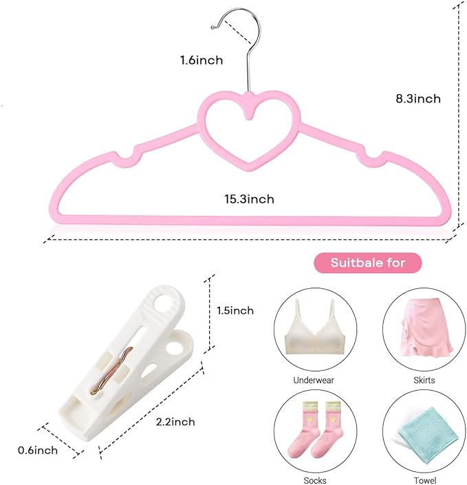 Plastic Hangers 30 Pack, Cute Heart Hangers Ultra Thin Space Saving with 360 Degree Swivel Hook &10 Clips-Strong and Durable Adult for Sweater,Dress, Shirt, Coat