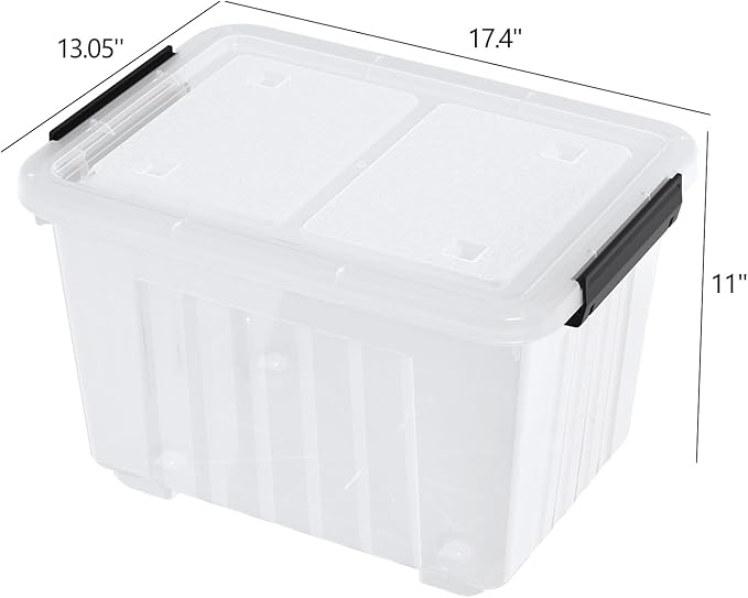 4 Packs 30 L Plastic Latch Storage Box, Clear Bin with Lid and Wheels