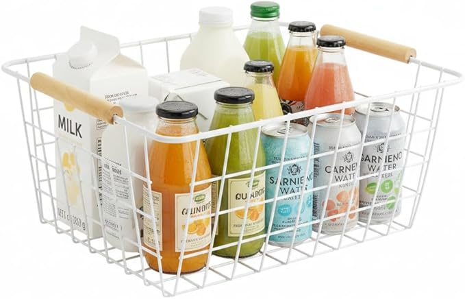 4 Pack White Metal Wire Food Storage Basket Organizer with Wooden Handles for Organizing Kitchen Cabinets Large