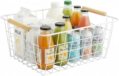 4 Pack White Metal Wire Food Storage Basket Organizer with Wooden Handles for Organizing Kitchen Cabinets Large