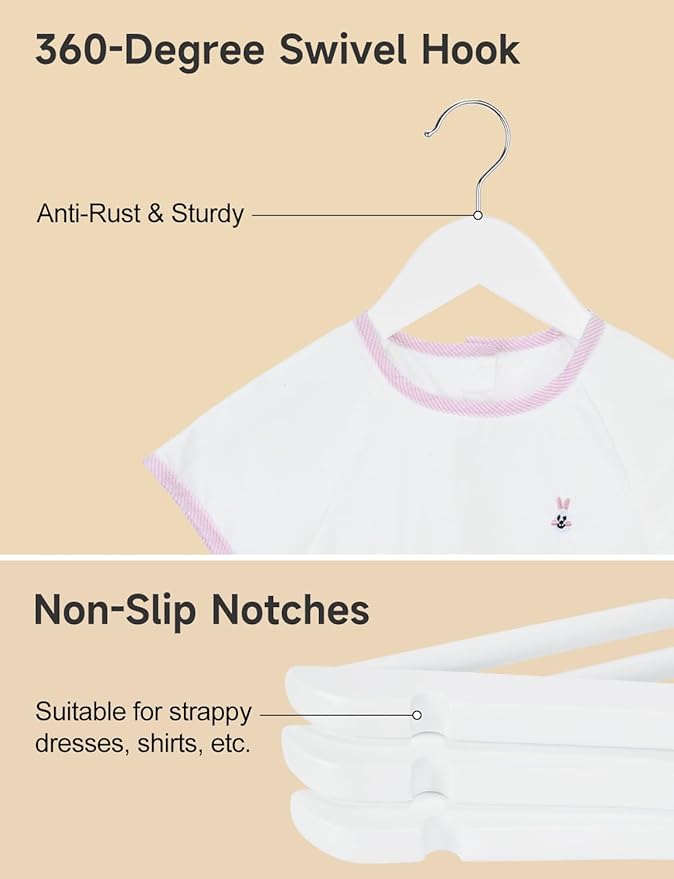 StorageWorks Baby Hangers 20 Pack, Maple Wood Clothes Organizer for Toddler, Kids Wooden Hanger with Pant Bar for Closet, White