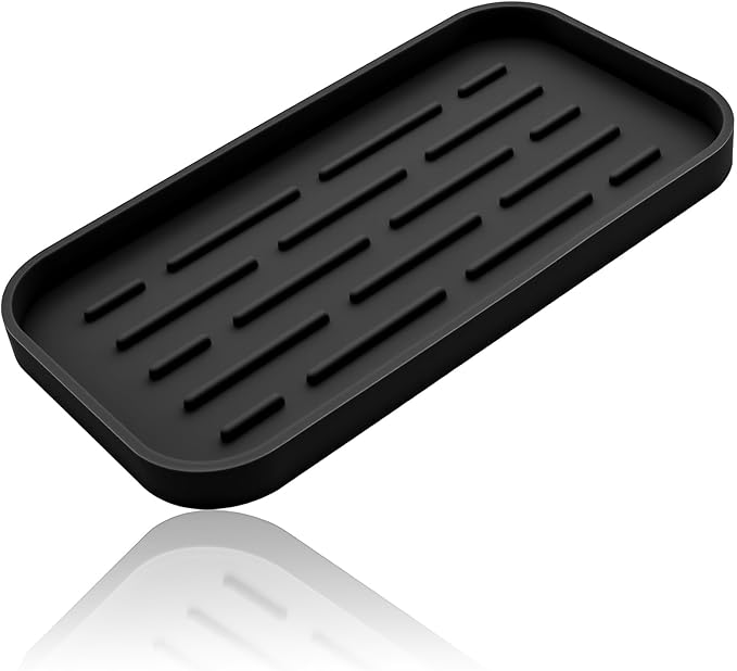 Silicone Organizer Tray, Soap and Sponge Holder for Kitchen Sink, Bathroom - Storage Tray for Dish Brush, Soap Dispenser, Dishwashing Accessories-(Black 1 Pack, 10"x5.3")